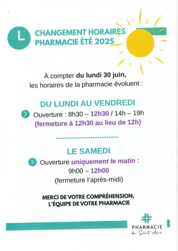 PHARMACIE - CHANGEMENT D'HORAIRES
